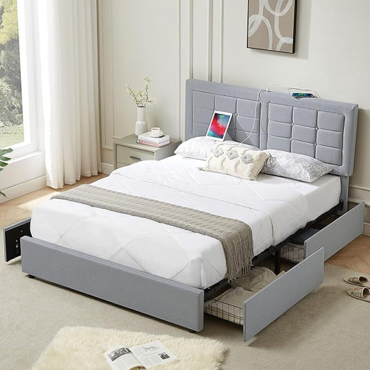 VECELO Full Size Bed Frame with 4 Drawers, Adjustable Tufted Button Headboard, Upholstered Platform with Wood Slats Support, Built-in USB and Type C Ports, Light Grey
