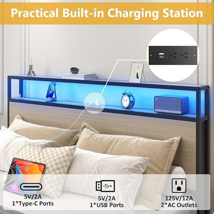 Lifezone Full Bed Frame with 2-Tier Storage Headboard, Metal Platform Bed Frame with 4 Storage Drawers, Built in Charging Station & LED, Noise-Free/Metal Support/No Box Spring Needed, Beige