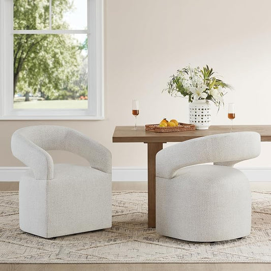 KISLOT Upholstered Dining Chairs Set of 2, Modern Rolling Dining Chairs with Hidden Casters, Arm Kitchen Chairs with Linen Look Fabric, Padded Barrel Chairs for Dining Room, Kitchen, Bedroom, Beige