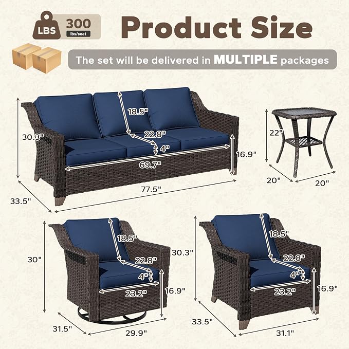 6 Pieces Patio Conversation Furniture Set - 1 Sofa, 2 Swivel Chairs, 2 Armchairs, 1 Side Table, Outdoor Wicker Furniture with Removable Cushions for Porch, Balcony, Sunroom (Blue)