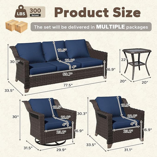 6 Pieces Patio Conversation Furniture Set - 1 Sofa, 2 Swivel Chairs, 2 Armchairs, 1 Side Table, Outdoor Wicker Furniture with Removable Cushions for Porch, Balcony, Sunroom (Blue)