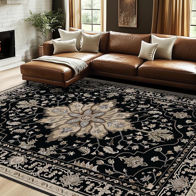 RELEANY Area Rugs 7'x9' Washable Non-Slip, Floral Vintage Distress Medallion Carpet for Living Room Bedroom Dining Room, Black Brown Neutral Dark Tan