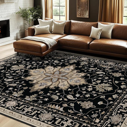 RELEANY Area Rugs 7'x9' Washable Non-Slip, Floral Vintage Distress Medallion Carpet for Living Room Bedroom Dining Room, Black Brown Neutral Dark Tan