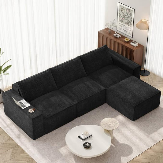 Vesgantti 114" Modular Boneless Couch, Convertible Chenille L Shaped Cloud Couches for Living Room, Modern Cozy Sectional Sofa with Deep Seat, No Assembly Required, Black
