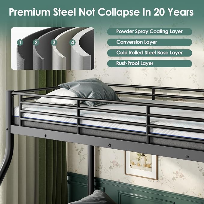 Bunk Beds Twin XL Over Full Size with 6" Mattresses Included, All-in-One Bunk Bed for Kids/Adults, Heavy Duty Sturdy Frame with Ladder Guardrail, with Memory Foam Mattresses, Black