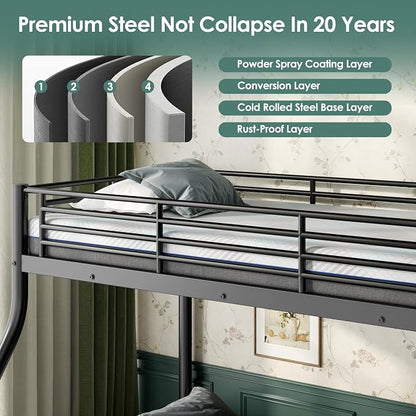 Bunk Beds Twin XL Over Full Size with 6" Mattresses Included, All-in-One Bunk Bed for Kids/Adults, Heavy Duty Sturdy Frame with Ladder Guardrail, with Memory Foam Mattresses, Black