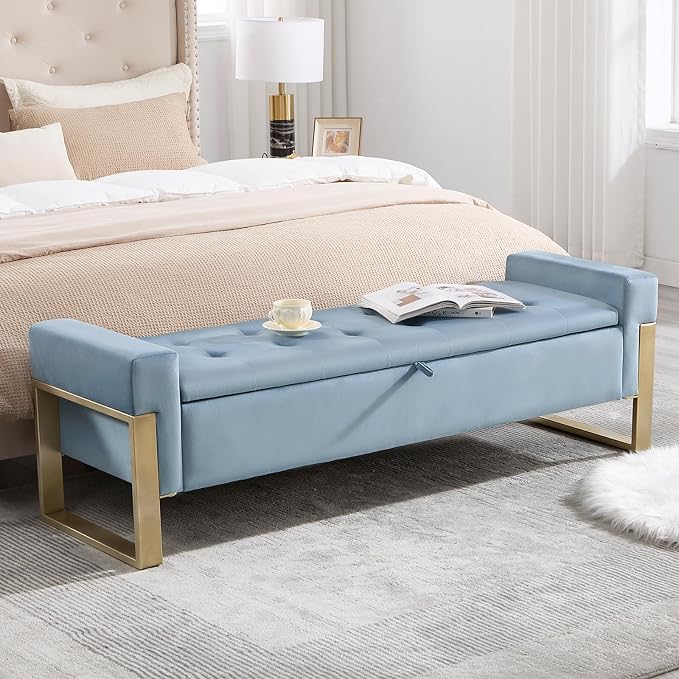67'' End of Bed Storage Bench, Storage Ottoman Bench for Bedroom King Size, Modern Velvet Bed Benches for Foot of Beds with Gold Legs for Window Living Room Entryway, Light Blue