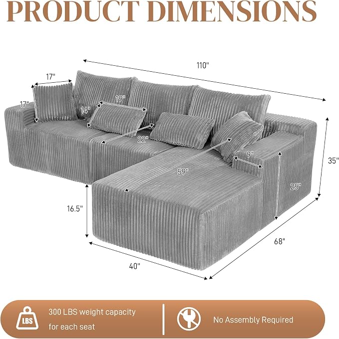 110" L Shaped Cloud Boneless Sectional Couches for Living Room, Modern Comfy Modular Deep Seat Memory Foam Compressed Corduroy Sofa Oversized Right Facing Chaise, No Assembly Required, Grey