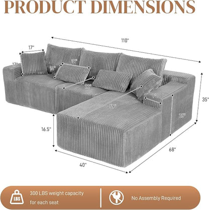 110" L Shaped Cloud Boneless Sectional Couches for Living Room, Modern Comfy Modular Deep Seat Memory Foam Compressed Corduroy Sofa Oversized Right Facing Chaise, No Assembly Required, Grey