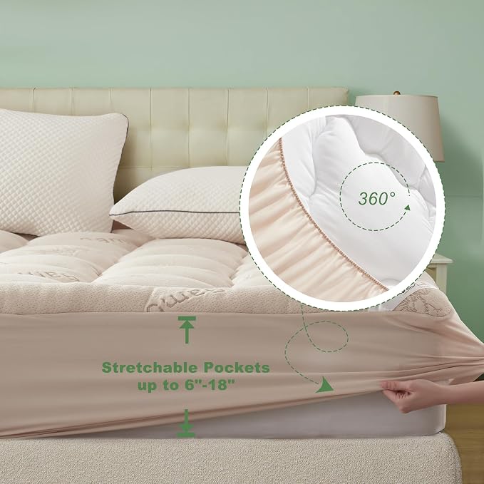 BEDLORE King Mattress Topper Viscose Derived from Bamboo, Thick Pillow Top Mattress Pad with Stretchable Pockets for 6"-18" Mattress, Soft Breathable Mattress Topper for Back Pain Relief(Beige)