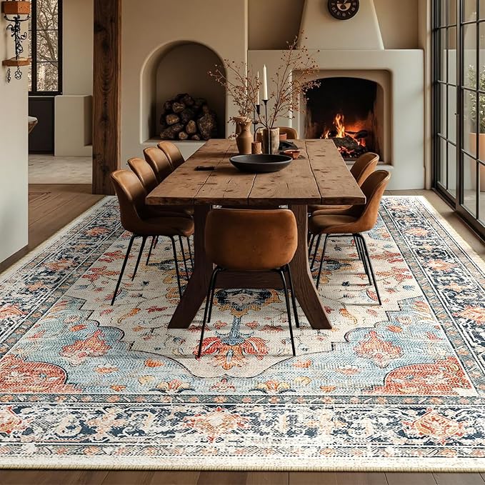 RELEANY Area Rugs Large 10'x14' Washable Non-Slip, Floral Vintage Distress Medallion Carpet for Living Room Bedroom Dining Room, Beige Navy Blue Orange Colorful