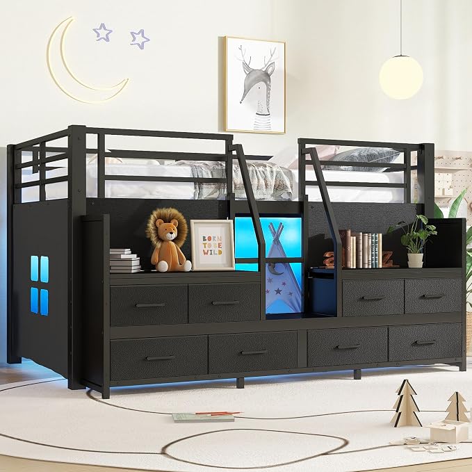 Bellemave Twin Size Low Loft Bed with 8 Fabric Storage Drawers,Metal Loft Bed Frame with Shelves and LED Lights for Boys Girls,Kids Loft Bed Twin Size,Black
