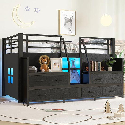 Bellemave Twin Size Low Loft Bed with 8 Fabric Storage Drawers,Metal Loft Bed Frame with Shelves and LED Lights for Boys Girls,Kids Loft Bed Twin Size,Black