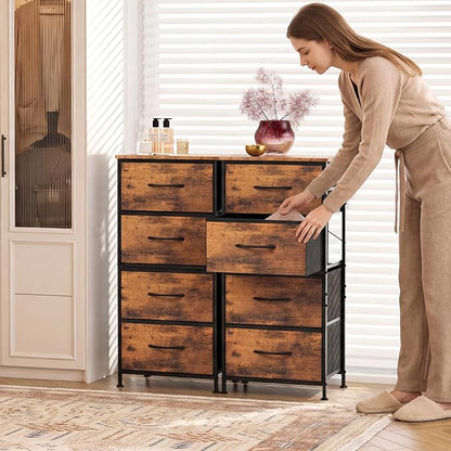 WLIVE Dresser with 4 Drawers, Fabric Storage Tower, Organizer Unit for Bedroom, Hallway, Entryway, Closets, Sturdy Steel Frame, Wood Top, Easy Pull Handle, Rustic Brown Wood Grain Print