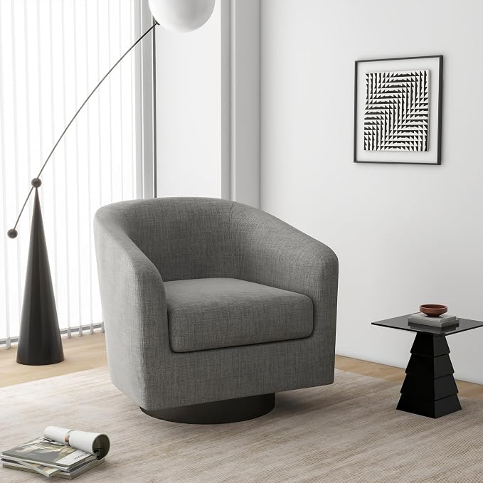 Swivel Barrel Accent Chair, Modern Round Linen Arm Chair for Living Room, Bedroom, Comfy Club Reading Chairs for Adults（Linen Fabric, Light Grey, Set of 1