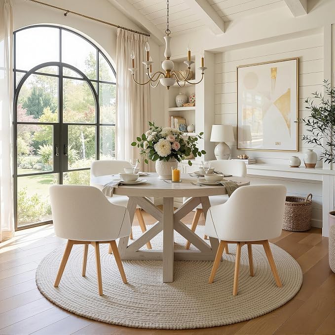 Swivel Dining Chairs Set of 6, Mid Century Modern Dining Chairs with Arms and Wood Legs, Linen Fabric Upholstered Kitchen Chairs for Dining Room Living Room, Comfortable Widen Seat, Beige