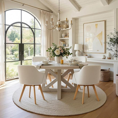 Swivel Dining Chairs Set of 6, Mid Century Modern Dining Chairs with Arms and Wood Legs, Linen Fabric Upholstered Kitchen Chairs for Dining Room Living Room, Comfortable Widen Seat, Beige