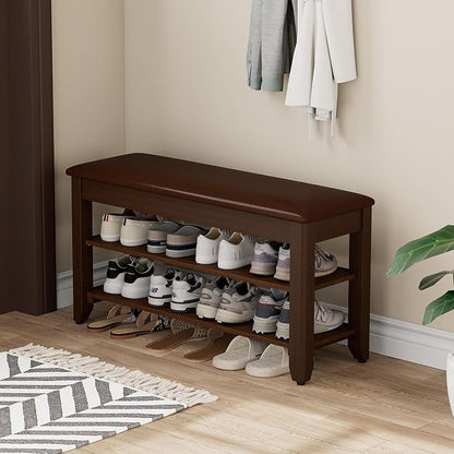 Homleke 2-Tier Solid Wood Shoe Rack Bench with Flip-Top Storage | Entryway Bench with Cushion, Adjustable Shelf, Holds Up to 8 Pairs, for Hallway, Bedroom and Closet, Walnut, 31.5 Inch