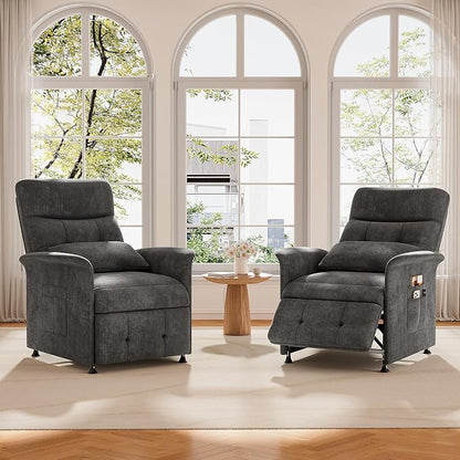 Power Recliner Chair for Adults with Heat & Massage - Soft Fabric Electric Reclining Sofa with Remote Control, 3 Side Pockets, 180° Lay Sleeper for Home Theater Living Room, Dark Grey