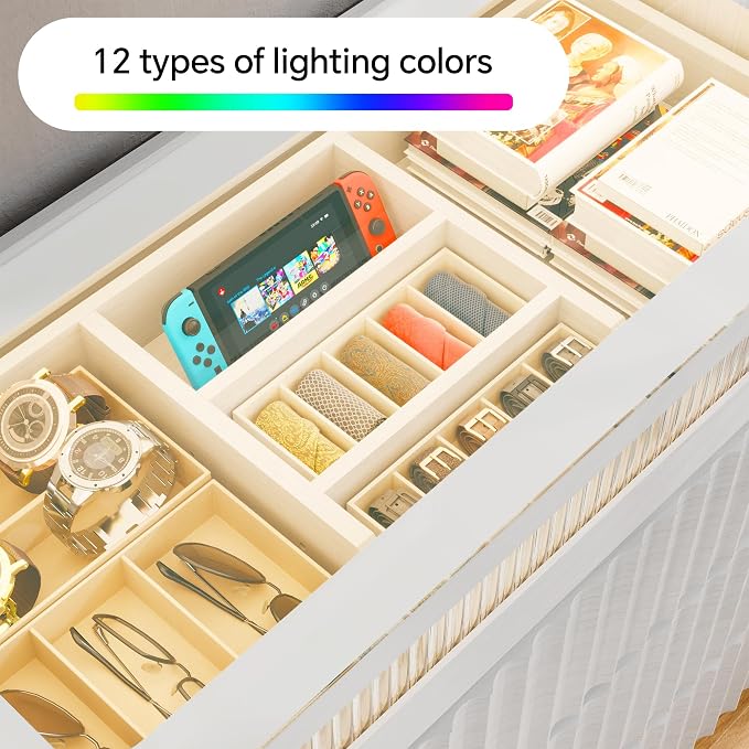 senlin Modern 16 Drawer Wardrobe Armoire with Glass Top LED Lights,Fluted Island Dresser Bedroom Closet Organizer System,Large Clothing Storage Cabinet with Jewelry Tray,Hidden Handles
