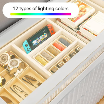 senlin Modern 16 Drawer Wardrobe Armoire with Glass Top LED Lights,Fluted Island Dresser Bedroom Closet Organizer System,Large Clothing Storage Cabinet with Jewelry Tray,Hidden Handles