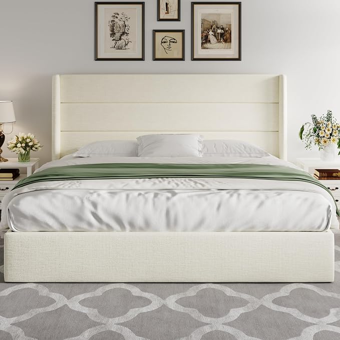 Allewie King Size Lift Up Storage Bed, Chenille Fabric Upholstered, Modern Wingback Headboard, Hydraulic Support, No Box Spring Needed, Cream White