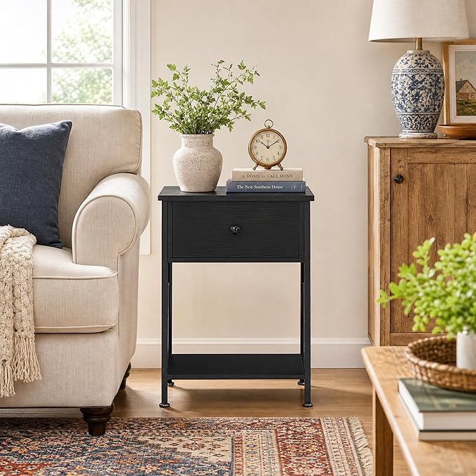 VECELO Nightstands Set of 2, Modern Bedside End Tables, Night Stands with Drawer and Storage Shelf for Living Room Bedroom, Industrial Metal Frame