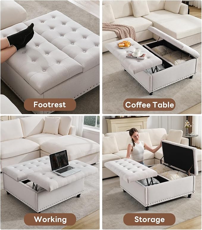 Tbfit Large Square Storage Ottoman Bench, Tufted Upholstered Coffee Table with Lift Top & Solid Wood Legs, Oversized Storage Ottomans Toy Box for Living Room (Beige)