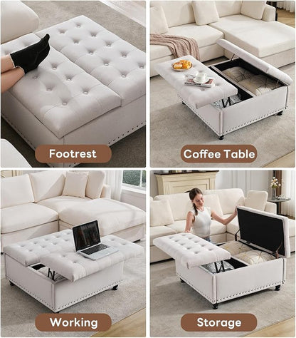 Tbfit Large Square Storage Ottoman Bench, Tufted Upholstered Coffee Table with Lift Top & Solid Wood Legs, Oversized Storage Ottomans Toy Box for Living Room (Beige)