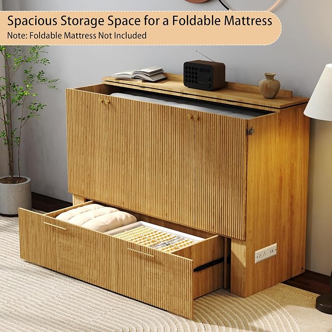 Full Size Murphy Bed Cabinet: Oak Folding Murphy Bed for Small Spaces, Wood Hidden Beds Cabinet with Charging Station, 2 in 1 Hideaway Beds Cabinets (Oak-Stripe)
