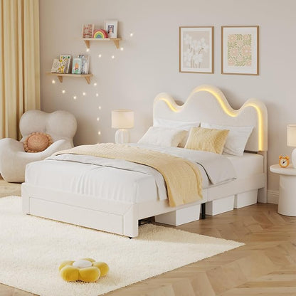 IDEALHOUSE Twin Bed Frame with LED Headboard and Under-Bed Drawer, Metal Upholstered Platform Bed with LED Light for Kids, Girls, Lamb Fleece Fabric, Wooden Slats Support, No Box Spring Needed, White