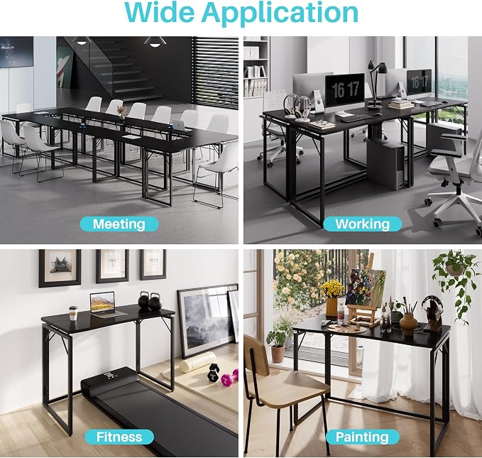 JOYMOOP Black 40" Folding Desk, No Assembly Small Foldable Desk for Home, Office, Wooden Top Folding Computer Desk for Working, Writing, Studying - Middle Size