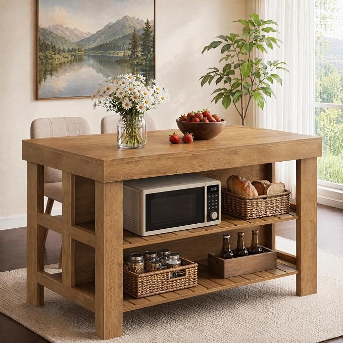 Tribesigns 55.1-Inch Kitchen Island with Seating and Storage, 3-Tier Large Farmhouse Island Table with Large Countertop and Leg Room for Kitchen Dining Room (Rustic Brown)