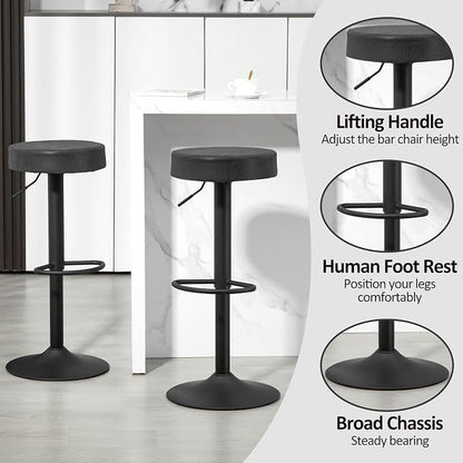 Finnhomy Bar Stools Set of 2 Counter Height, Swivel Barstools with Footrest and Backless Round, Height Adjustable Rustic Bar stools for Kitchen, Vintage Leather, Retro Black