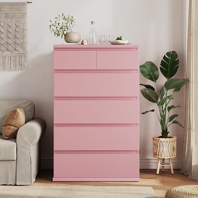 Jocoevol Pink Tall 6 Drawer Dresser for Bedroom,Dressers & Chests of Drawers with Jewelry Storage,Wood Storage Dresser with Deep Drawers for Living Room Hallway Entryway(40.75" L*23.62" W*15.75")