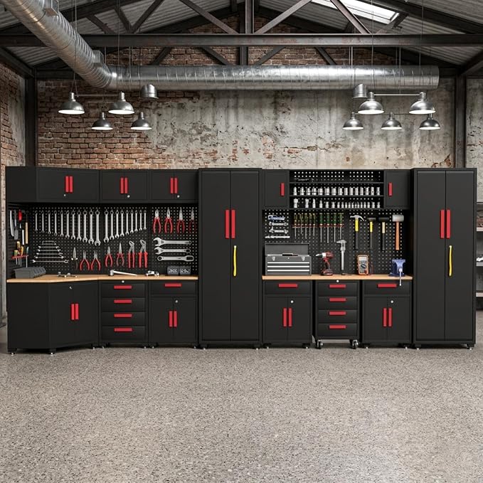 17PCS Garage Cabinets and Storage System with Corner Cabinet, Garage Storage Cabinet System,Cabinet Drawers, Workbench, Pegboard for Tool Organization, Red Black