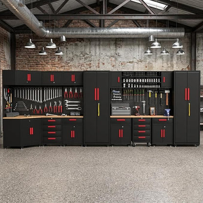 17PCS Garage Cabinets and Storage System with Corner Cabinet, Garage Storage Cabinet System,Cabinet Drawers, Workbench, Pegboard for Tool Organization, Red Black
