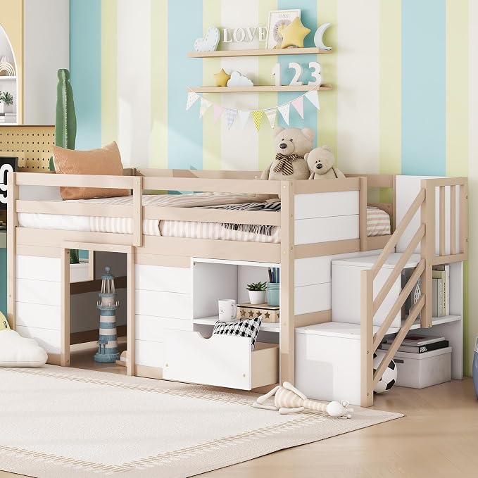 Bellemave Twin Size Low loft Bed for Kids,Wood Loft Beds,Modern Farmhouse Twin loft Bed,Loft Bed with Desk and Storage, No Box Spring Needed,for Kids, Cream White and Natural