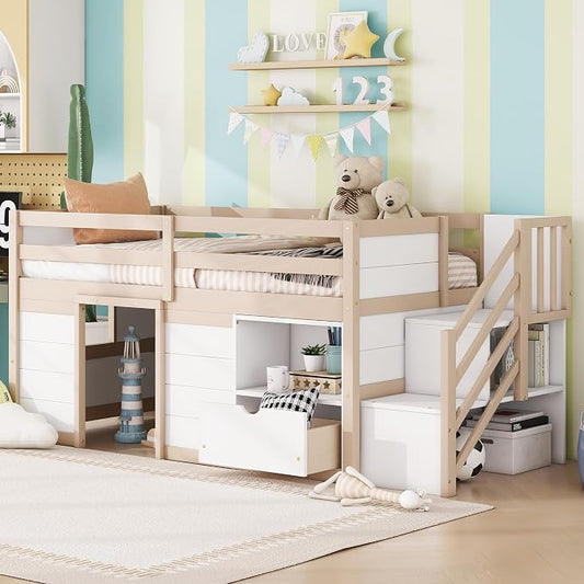 Bellemave Twin Size Low loft Bed for Kids,Wood Loft Beds,Modern Farmhouse Twin loft Bed,Loft Bed with Desk and Storage, No Box Spring Needed,for Kids, Cream White and Natural
