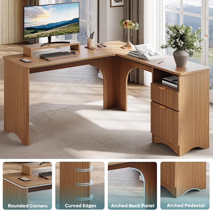 Bestier L Shaped Desk with File Drawer, 55.7" x 55" Office Computer Desk with Round Corners, Modern Desk with Monitor Stand & Fluted Panels for Home Office, Brown Oak