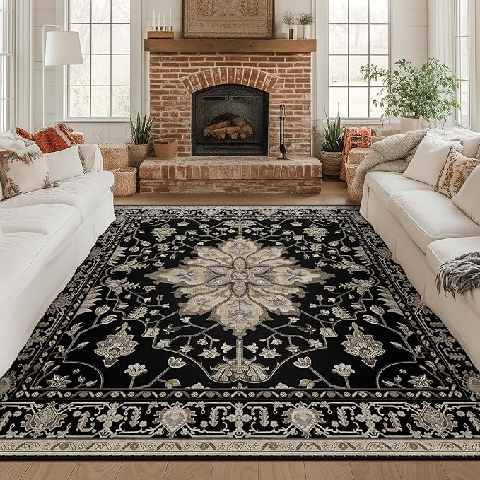 RELEANY Area Rugs Square 8ft Washable Non-Slip, Floral Vintage Distress Medallion Carpet for Living Room Bedroom Dining Room, Black Brown Neutral Dark Tan