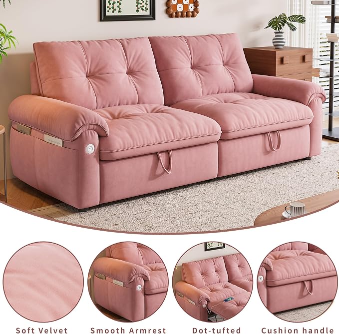 77.2'' Pull Out Couch Full Size, Pre-Assembled Sleeper Sofa Bed, Flannel Convertible Futon Sofa Bed with Adjustable Backrest, USB, Side Pockets, Loveseat for Living Room, Apartment, Pink
