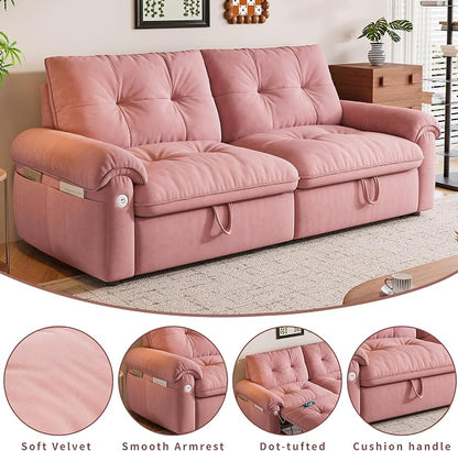 77.2'' Pull Out Couch Full Size, Pre-Assembled Sleeper Sofa Bed, Flannel Convertible Futon Sofa Bed with Adjustable Backrest, USB, Side Pockets, Loveseat for Living Room, Apartment, Pink