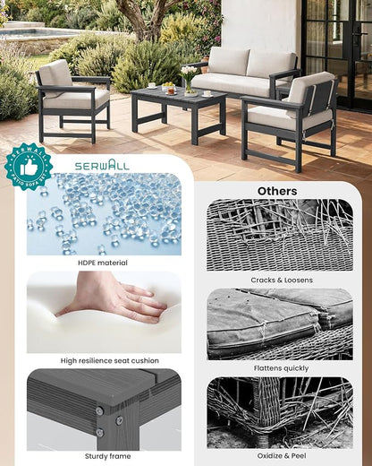 SERWALL 2 Pieces Single Cushioned Sofa Chair, Grey HDPE Outdoor Adirondack Lounge Armchair with Khaki Cushion