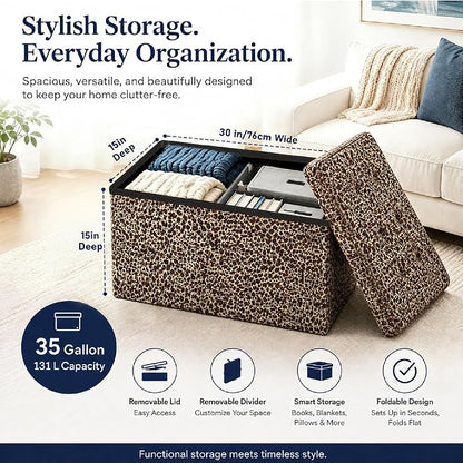 ALASDO 30 Inch Folding Storage Ottoman Bench with Hidden Storage, PU Leather Ottoman Foot Rest Stool, End of Bed Bench for Bedroom, Living Room, Entryway and Closet, Leopard Print