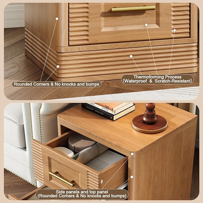 RECHHX Small Dresser for Bedroom, Farmhouse Nightstand with 2 Drawer for Narrow Spaces, Thermoformed Curved End Table for Bedroom, Living Room, Natural Oak