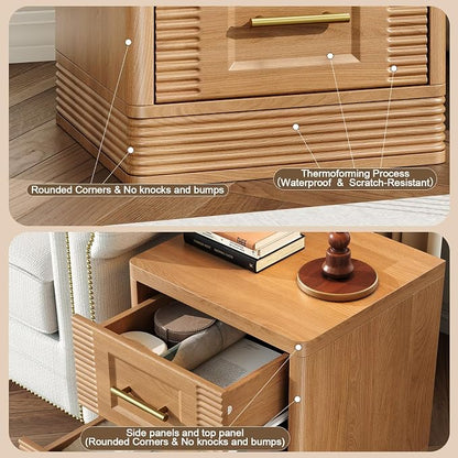 RECHHX Small Dresser for Bedroom, Farmhouse Nightstand with 2 Drawer for Narrow Spaces, Thermoformed Curved End Table for Bedroom, Living Room, Natural Oak