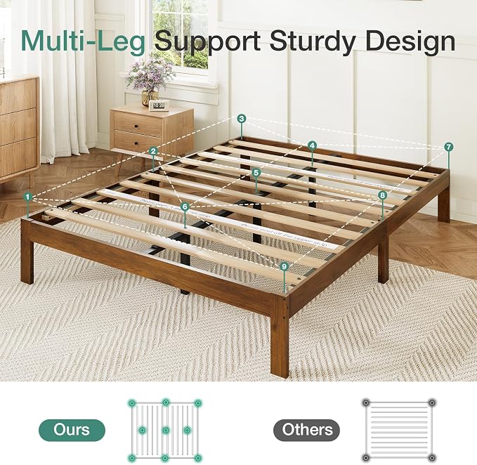 Novilla 12 Inch Queen Bed Frame, Classic Solid Wooden Platform Bed Frame Queen Size, Queen Size Bed Frame Without Headboard, Sturdy Wood Slat Support, No Box Spring Needed, Easy Assembly, Walnut