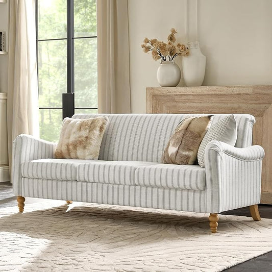 HULALA HOME Farmhouse Curved Couch with Stripe Pattern, 3 Seater Sofa with Solid Wood Spindle Legs and Rolled Wide Armrests, Comfy Upholstered Sofa for Living Room Bedroom, Grey