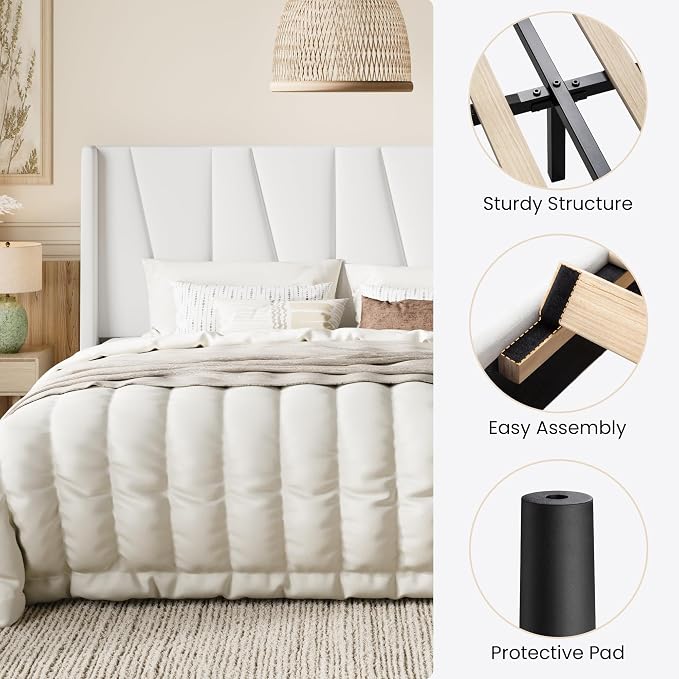 SHA CERLIN King Size Velvet Bed Frame with Geometric Wingback Headboard, Upholstered Platform Bed with Wooden Slats Support, 8" Under-Bed Space, No Box Spring Needed, Easy Assembly, White